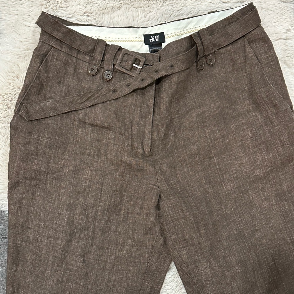 H&M Brown Linen-Blend Straight-Leg Pants with Self Tie Belt